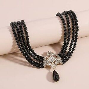 Dainty Pearl Layered Choker Necklace Black Pearls 1920's Look Tassel Boho Goth